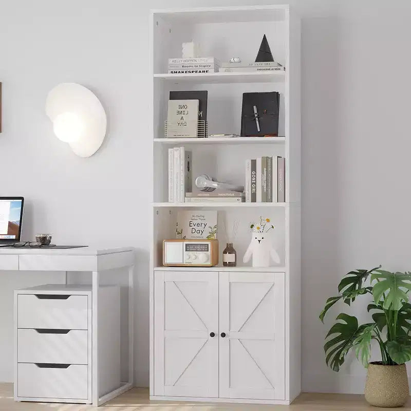 71.4 Tall Farmhouse 6-Shelf Wooden Bookcase with Doors, Industrial Display Storage for Bedroom, Living Room & Office