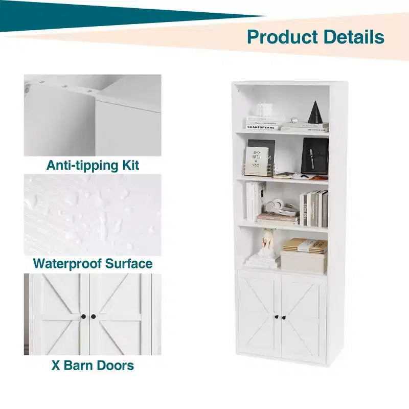 71.4 Tall Farmhouse 6-Shelf Wooden Bookcase with Doors, Industrial Display Storage for Bedroom, Living Room & Office