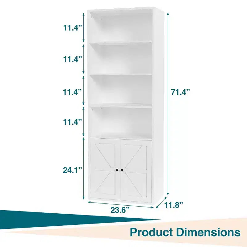 71.4 Tall Farmhouse 6-Shelf Wooden Bookcase with Doors, Industrial Display Storage for Bedroom, Living Room & Office