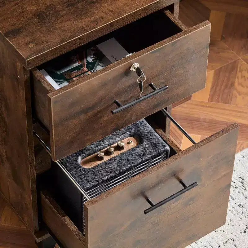 Karl Home Rustic Office Desk with Built-In File Cabinet & Storage Hutch Lock Drawer Computer Desk