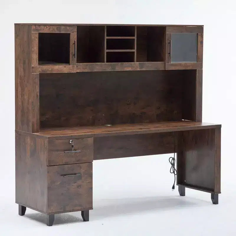Karl Home Rustic Office Desk with Built-In File Cabinet & Storage Hutch Lock Drawer Computer Desk