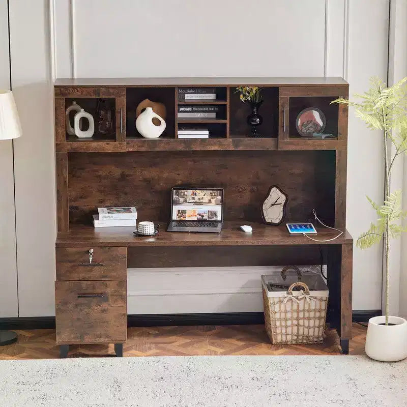 Karl Home Rustic Office Desk with Built-In File Cabinet & Storage Hutch Lock Drawer Computer Desk