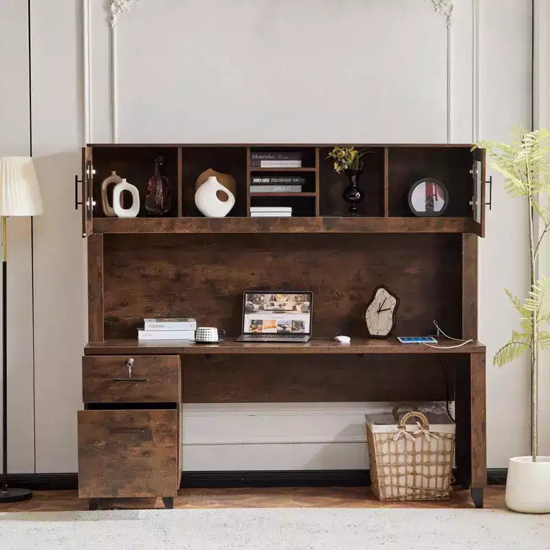 Karl Home Rustic Office Desk with Built-In File Cabinet & Storage Hutch Lock Drawer Computer Desk
