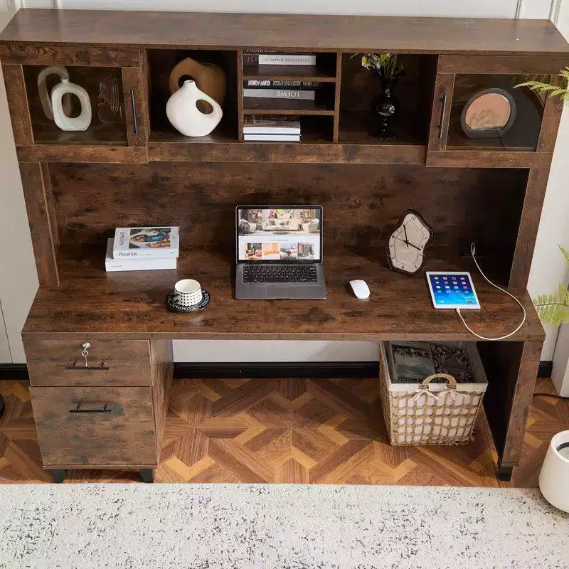 Karl Home Rustic Office Desk with Built-In File Cabinet & Storage Hutch Lock Drawer Computer Desk