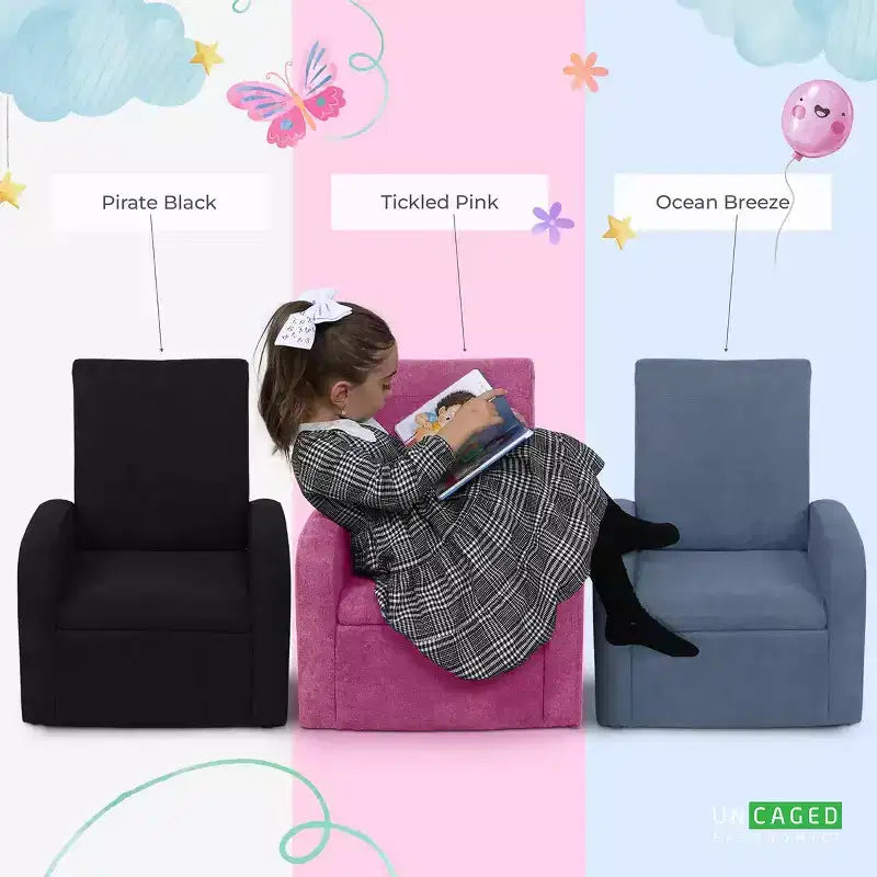 Stash Comfy Kids Sofa Chair Cute toddler chair with toy storage chest for boys and girls Black Uncaged Ergonomics