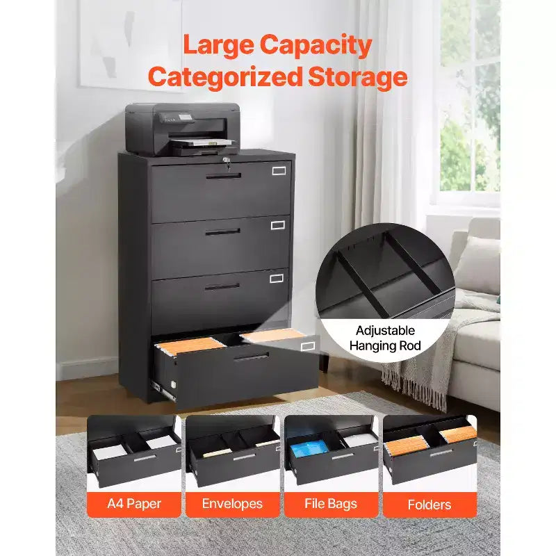 VEVOR 4 Drawers Metal File Cabinet, Vertical Filing Cabinet with Lock and Adjustable Hanging Rod, Tall Filing Storage Cabinets, Black