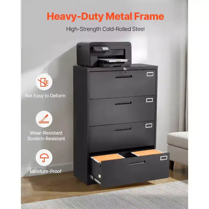VEVOR 4 Drawers Metal File Cabinet, Vertical Filing Cabinet with Lock and Adjustable Hanging Rod, Tall Filing Storage Cabinets, Black