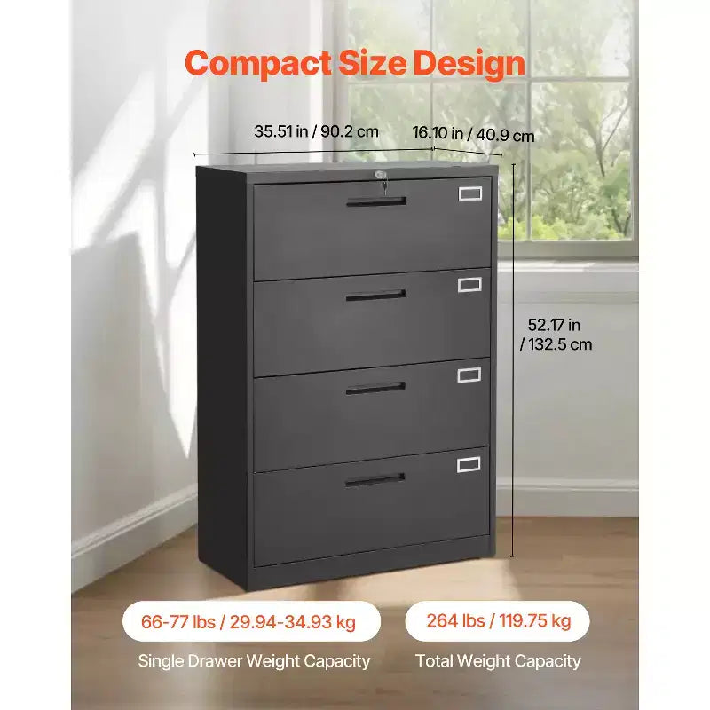 VEVOR 4 Drawers Metal File Cabinet, Vertical Filing Cabinet with Lock and Adjustable Hanging Rod, Tall Filing Storage Cabinets, Black