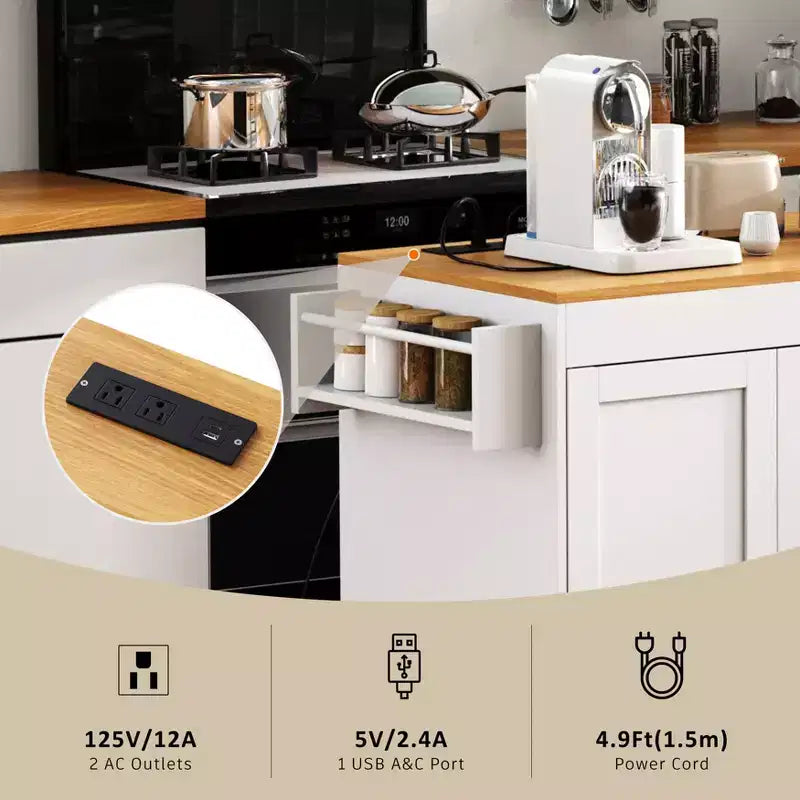 MAYEERTY Ktichen Island with Dining Table 3 Drawers Power Outlet Rolling Kitchen Island on Wheels with Spice Rack and 2 Door Cabinet for Kitchen White