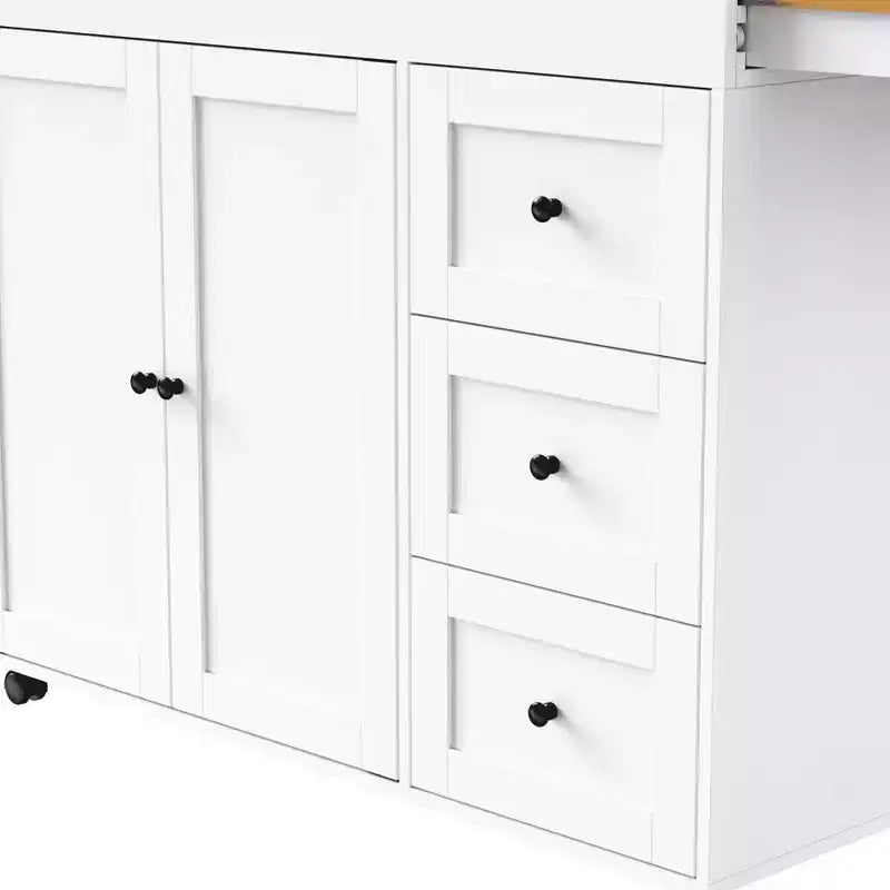 MAYEERTY Ktichen Island with Dining Table 3 Drawers Power Outlet Rolling Kitchen Island on Wheels with Spice Rack and 2 Door Cabinet for Kitchen White