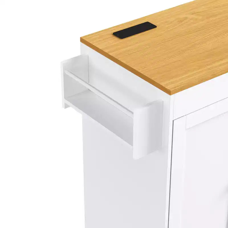 MAYEERTY Ktichen Island with Dining Table 3 Drawers Power Outlet Rolling Kitchen Island on Wheels with Spice Rack and 2 Door Cabinet for Kitchen White