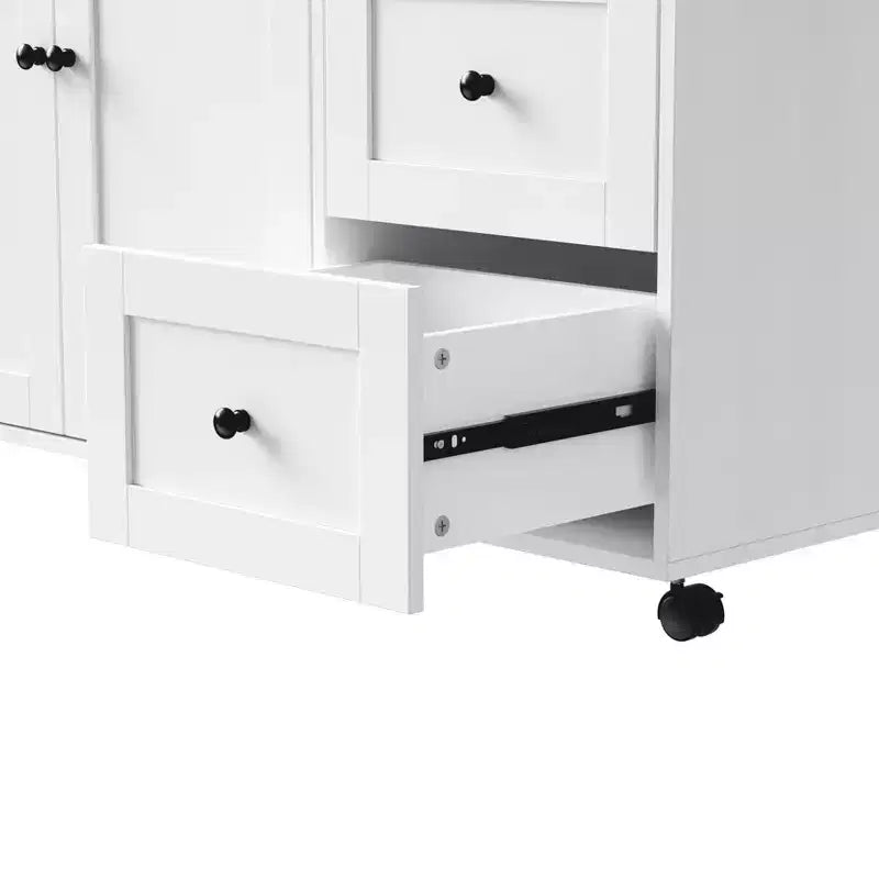 MAYEERTY Ktichen Island with Dining Table 3 Drawers Power Outlet Rolling Kitchen Island on Wheels with Spice Rack and 2 Door Cabinet for Kitchen White