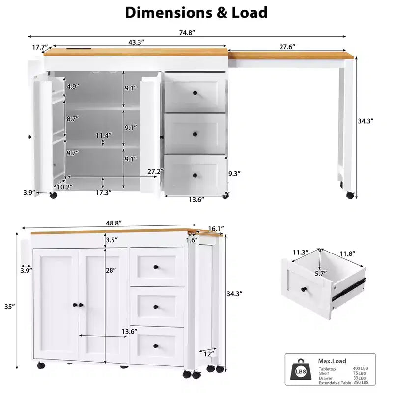 MAYEERTY Ktichen Island with Dining Table 3 Drawers Power Outlet Rolling Kitchen Island on Wheels with Spice Rack and 2 Door Cabinet for Kitchen White