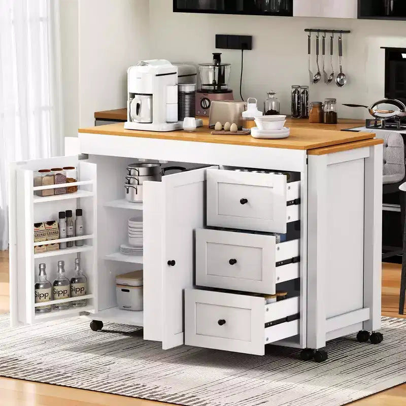 MAYEERTY Ktichen Island with Dining Table 3 Drawers Power Outlet Rolling Kitchen Island on Wheels with Spice Rack and 2 Door Cabinet for Kitchen White