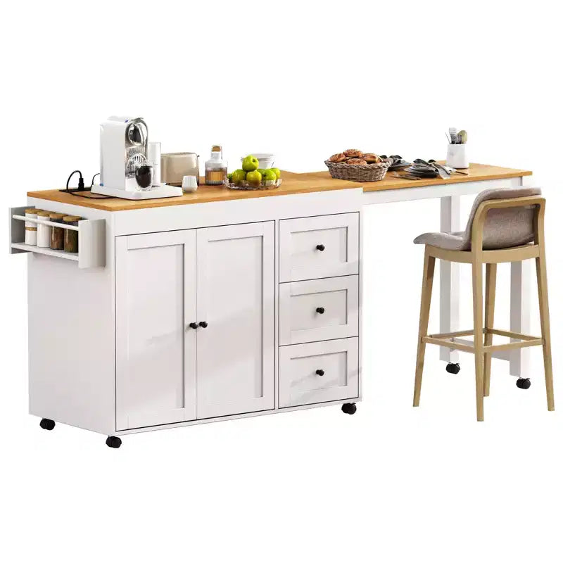 MAYEERTY Ktichen Island with Dining Table 3 Drawers Power Outlet Rolling Kitchen Island on Wheels with Spice Rack and 2 Door Cabinet for Kitchen White