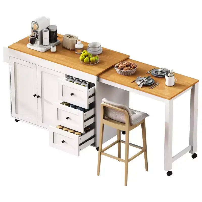 MAYEERTY Ktichen Island with Dining Table 3 Drawers Power Outlet Rolling Kitchen Island on Wheels with Spice Rack and 2 Door Cabinet for Kitchen White