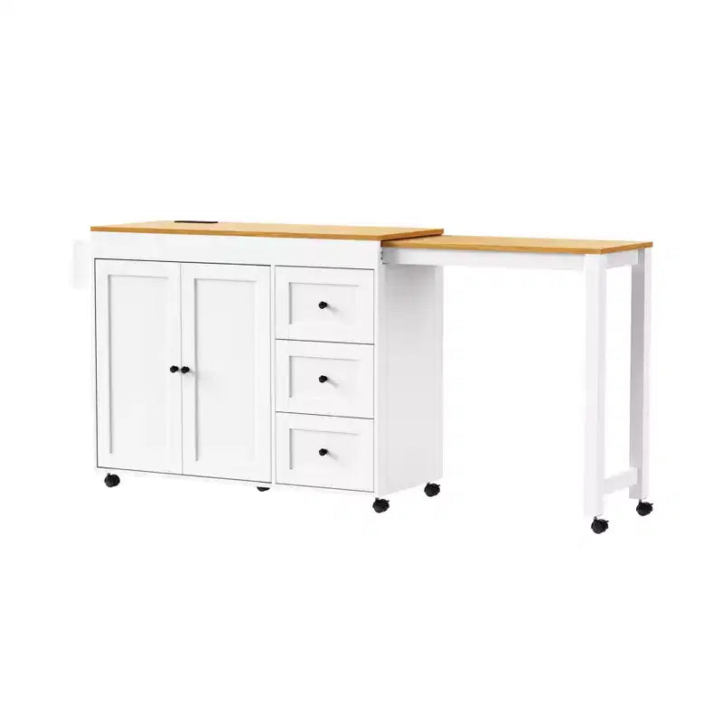 MAYEERTY Ktichen Island with Dining Table 3 Drawers Power Outlet Rolling Kitchen Island on Wheels with Spice Rack and 2 Door Cabinet for Kitchen White