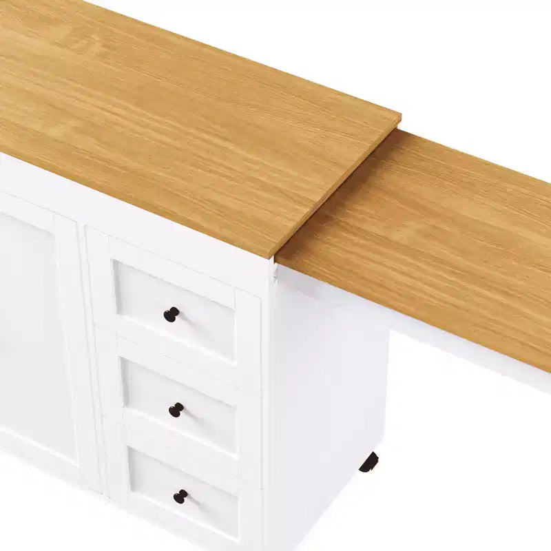 MAYEERTY Ktichen Island with Dining Table 3 Drawers Power Outlet Rolling Kitchen Island on Wheels with Spice Rack and 2 Door Cabinet for Kitchen White