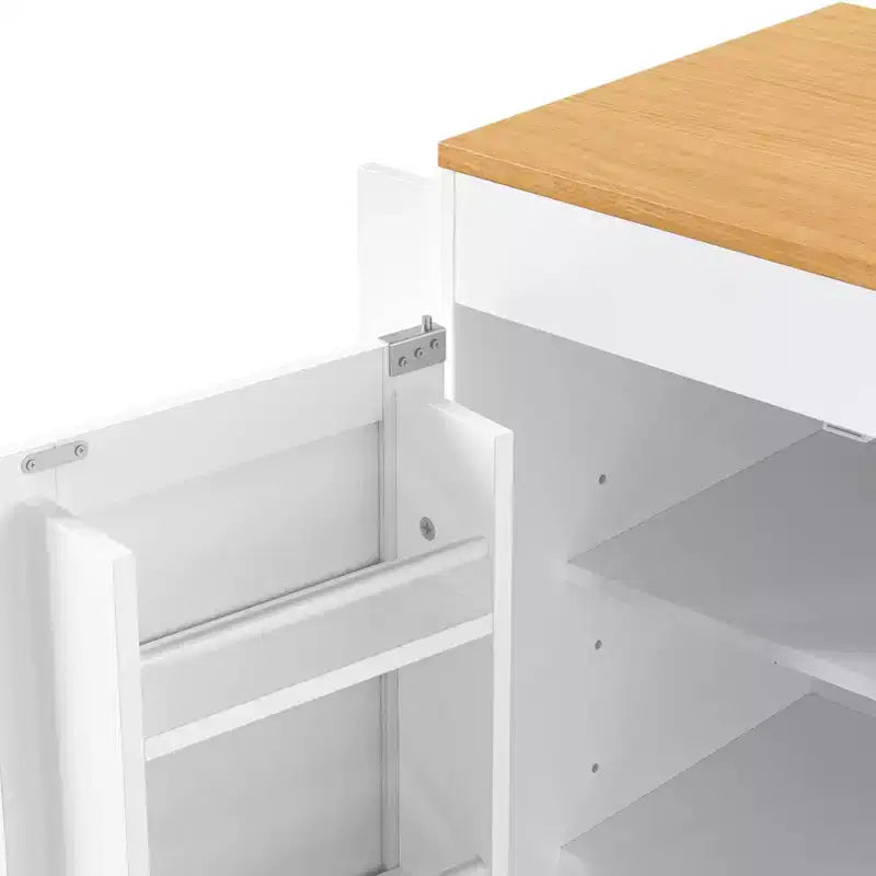 MAYEERTY Ktichen Island with Dining Table 3 Drawers Power Outlet Rolling Kitchen Island on Wheels with Spice Rack and 2 Door Cabinet for Kitchen White