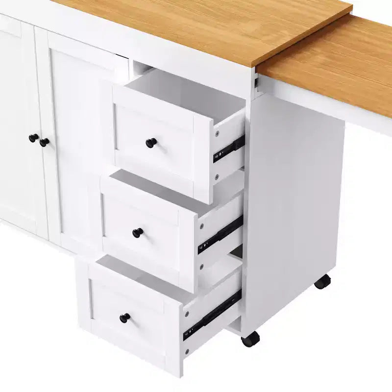 MAYEERTY Ktichen Island with Dining Table 3 Drawers Power Outlet Rolling Kitchen Island on Wheels with Spice Rack and 2 Door Cabinet for Kitchen White