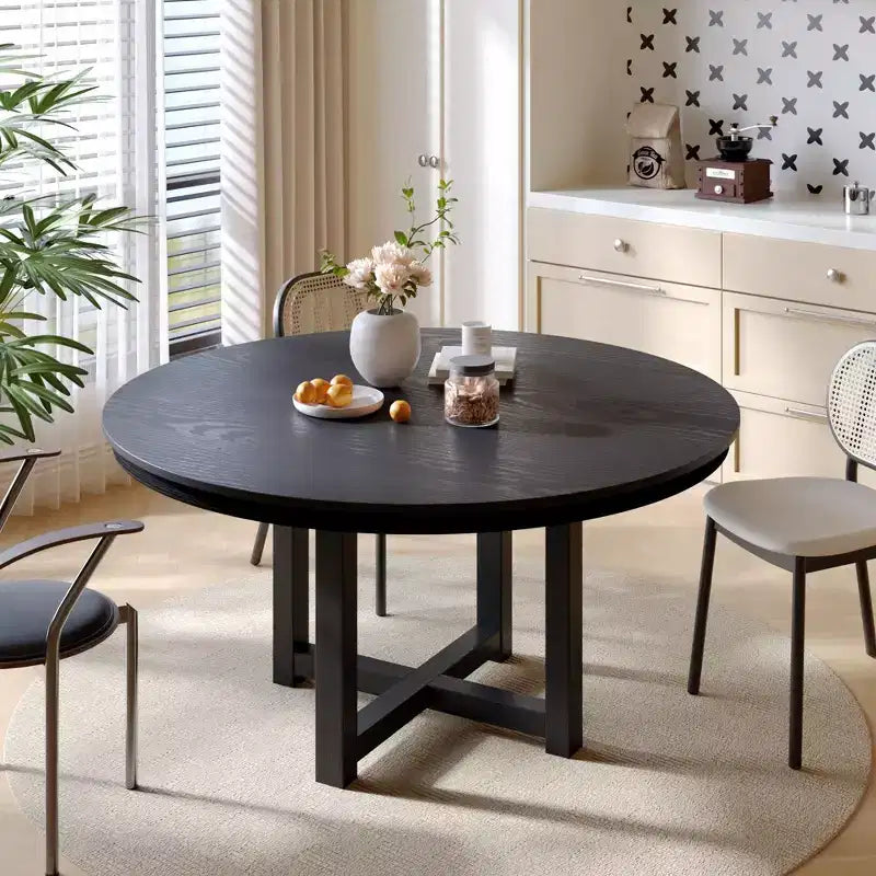 PexFix 52 x 52 Solid Wood Farmhouse Dining Table Round Wood Texture Top with Cross X Base for Modern Dining Rooms & Family Gatherings Black