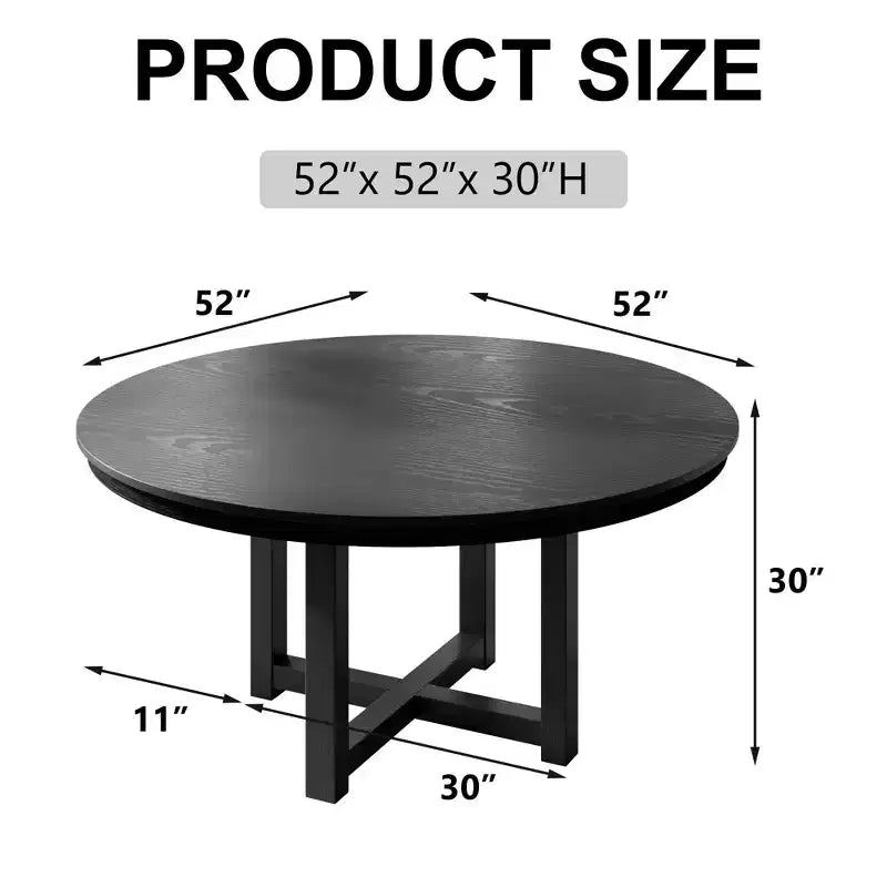 PexFix 52 x 52 Solid Wood Farmhouse Dining Table Round Wood Texture Top with Cross X Base for Modern Dining Rooms & Family Gatherings Black
