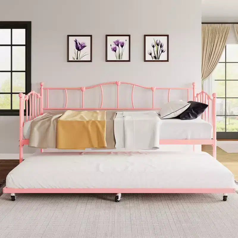 Metal Twin Daybed,Twin Size Day Bed with Pullout Trundle and Headboard,Metal Sofa Bed Frame with Steel Slat Support for Living Room,Bedroom