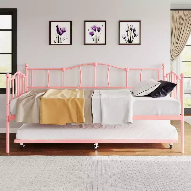 Metal Twin Daybed,Twin Size Day Bed with Pullout Trundle and Headboard,Metal Sofa Bed Frame with Steel Slat Support for Living Room,Bedroom