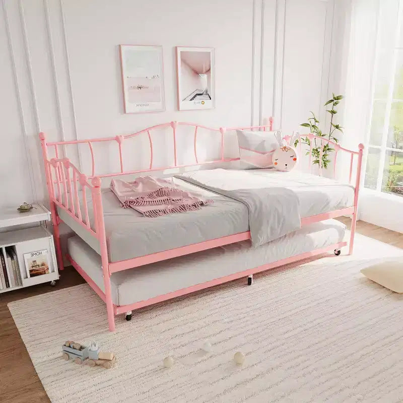 Metal Twin Daybed,Twin Size Day Bed with Pullout Trundle and Headboard,Metal Sofa Bed Frame with Steel Slat Support for Living Room,Bedroom