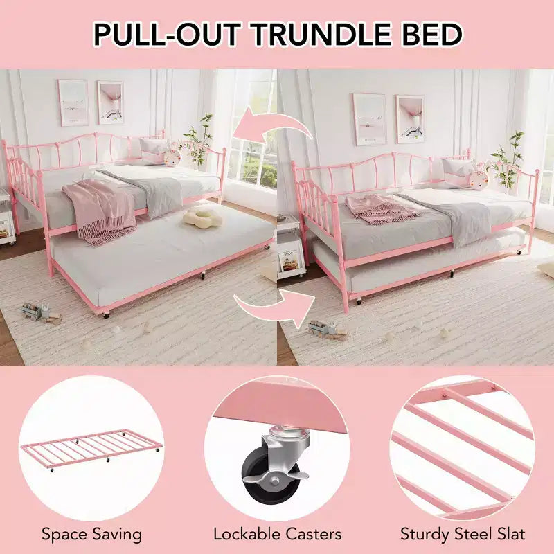 Metal Twin Daybed,Twin Size Day Bed with Pullout Trundle and Headboard,Metal Sofa Bed Frame with Steel Slat Support for Living Room,Bedroom