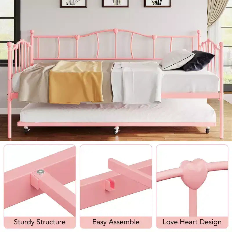 Metal Twin Daybed,Twin Size Day Bed with Pullout Trundle and Headboard,Metal Sofa Bed Frame with Steel Slat Support for Living Room,Bedroom