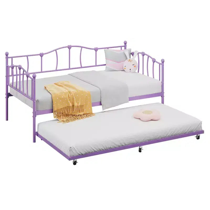 Metal Twin Daybed,Twin Size Day Bed with Pullout Trundle and Headboard,Metal Sofa Bed Frame with Steel Slat Support for Living Room,Bedroom