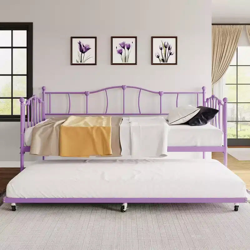 Metal Twin Daybed,Twin Size Day Bed with Pullout Trundle and Headboard,Metal Sofa Bed Frame with Steel Slat Support for Living Room,Bedroom