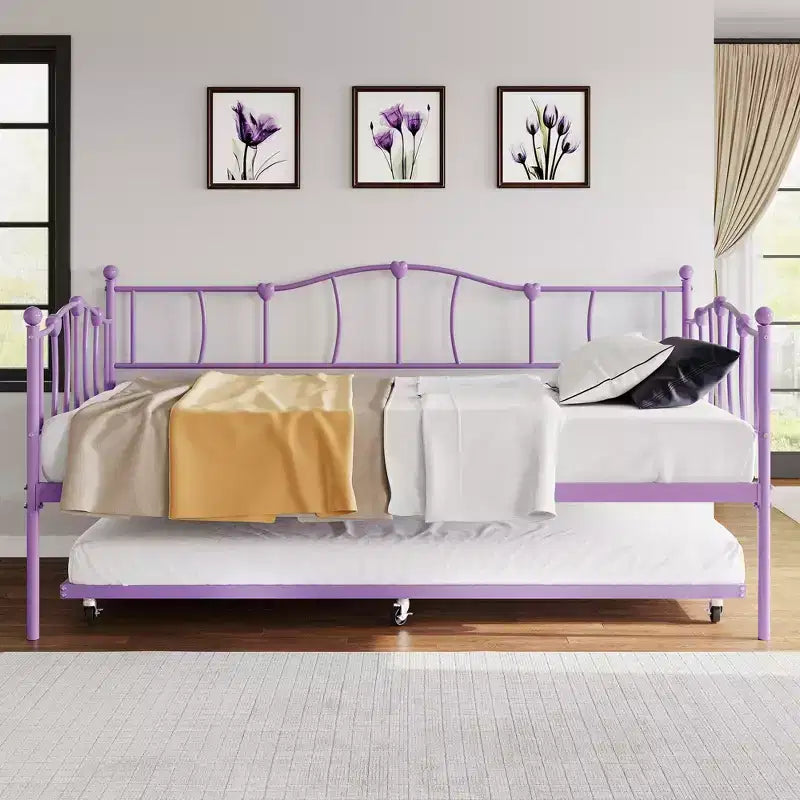 Metal Twin Daybed,Twin Size Day Bed with Pullout Trundle and Headboard,Metal Sofa Bed Frame with Steel Slat Support for Living Room,Bedroom