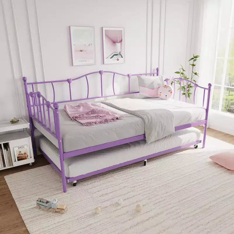 Metal Twin Daybed,Twin Size Day Bed with Pullout Trundle and Headboard,Metal Sofa Bed Frame with Steel Slat Support for Living Room,Bedroom