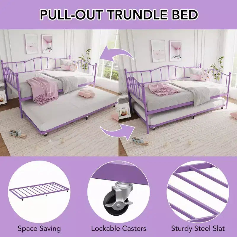 Metal Twin Daybed,Twin Size Day Bed with Pullout Trundle and Headboard,Metal Sofa Bed Frame with Steel Slat Support for Living Room,Bedroom