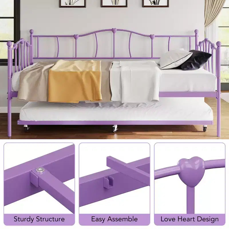 Metal Twin Daybed,Twin Size Day Bed with Pullout Trundle and Headboard,Metal Sofa Bed Frame with Steel Slat Support for Living Room,Bedroom
