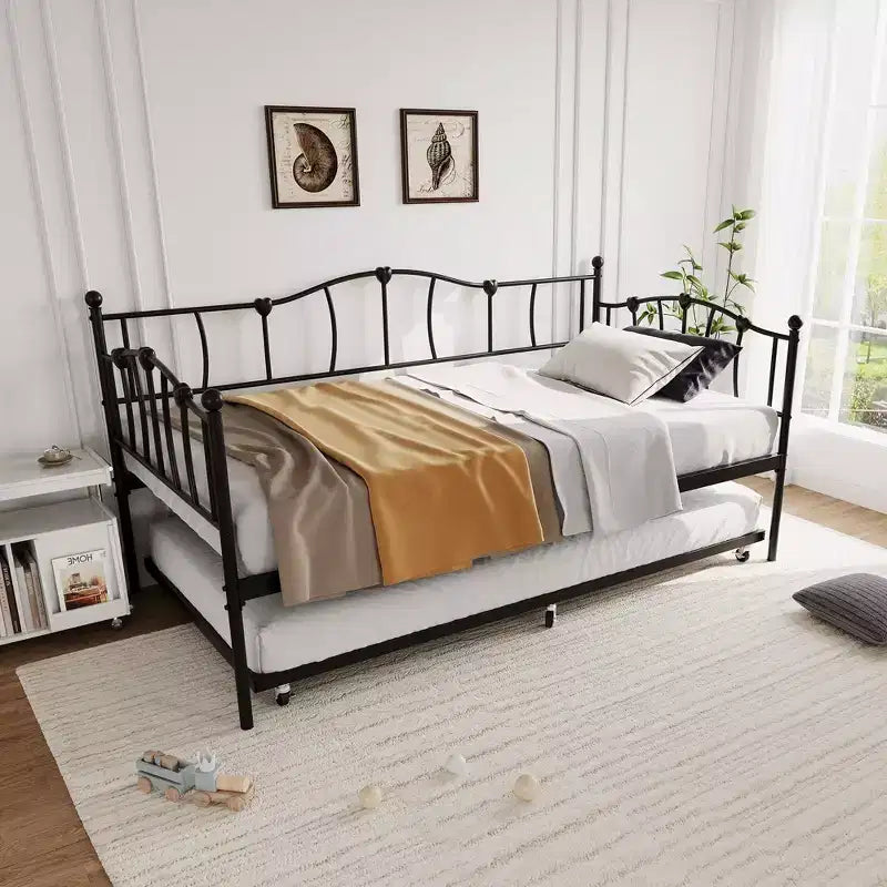 Metal Twin Daybed,Twin Size Day Bed with Pullout Trundle and Headboard,Metal Sofa Bed Frame with Steel Slat Support for Living Room,Bedroom