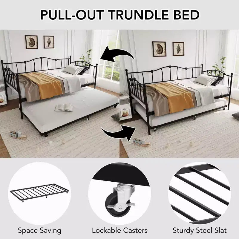 Metal Twin Daybed,Twin Size Day Bed with Pullout Trundle and Headboard,Metal Sofa Bed Frame with Steel Slat Support for Living Room,Bedroom