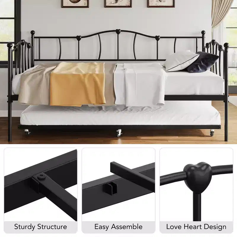 Metal Twin Daybed,Twin Size Day Bed with Pullout Trundle and Headboard,Metal Sofa Bed Frame with Steel Slat Support for Living Room,Bedroom