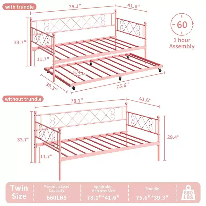 Daybed with Trundle,Metal Twin DayBed Frame with Headboard,Multifunctional Mattress Foundation Platform Sofa Bed for Bedroom,Living Room,Guest Room