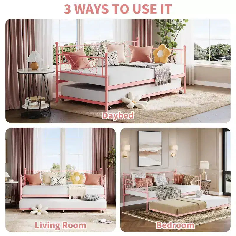 Daybed with Trundle,Metal Twin DayBed Frame with Headboard,Multifunctional Mattress Foundation Platform Sofa Bed for Bedroom,Living Room,Guest Room