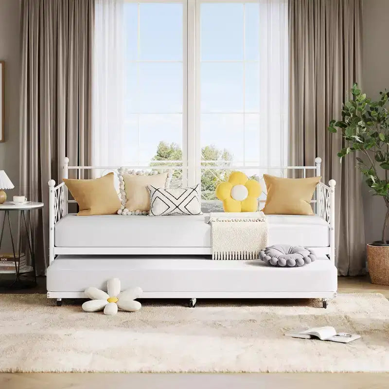 Daybed with Trundle,Metal Twin DayBed Frame with Headboard,Multifunctional Mattress Foundation Platform Sofa Bed for Bedroom,Living Room,Guest Room