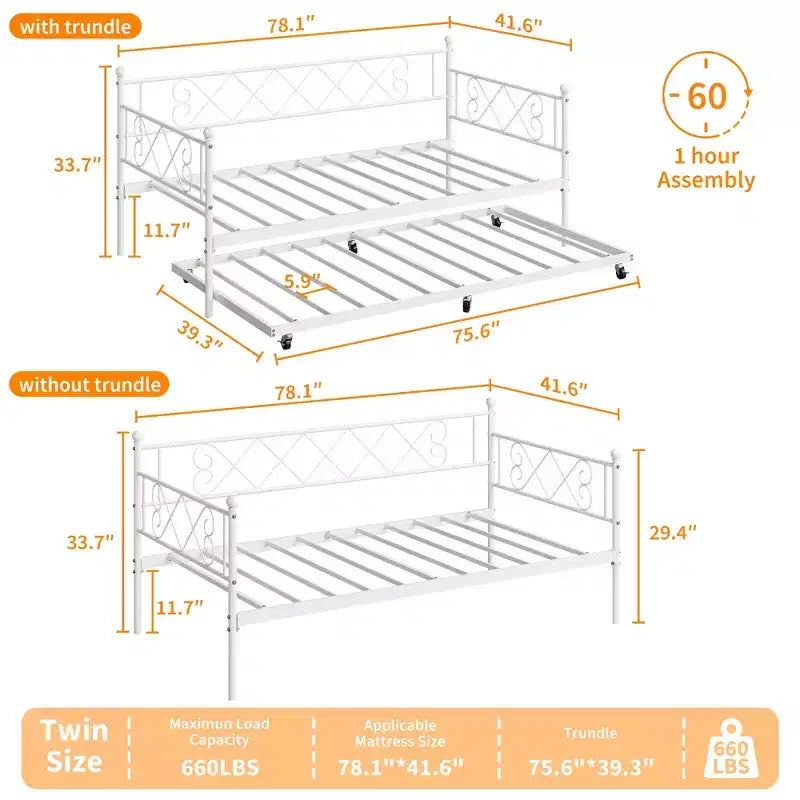 Daybed with Trundle,Metal Twin DayBed Frame with Headboard,Multifunctional Mattress Foundation Platform Sofa Bed for Bedroom,Living Room,Guest Room
