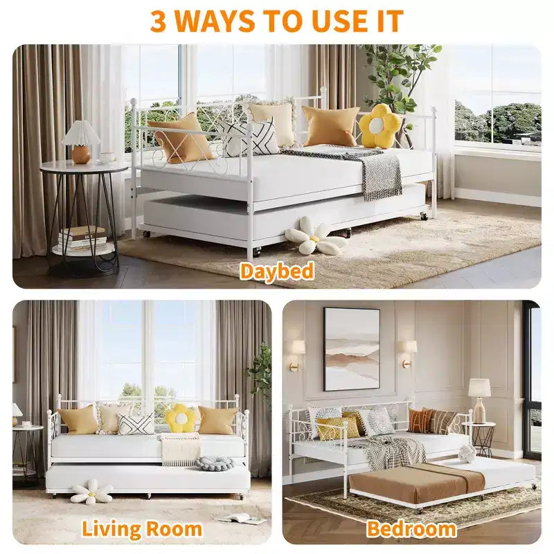 Daybed with Trundle,Metal Twin DayBed Frame with Headboard,Multifunctional Mattress Foundation Platform Sofa Bed for Bedroom,Living Room,Guest Room