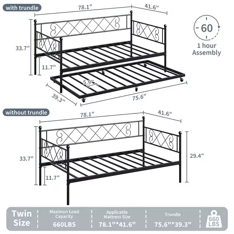 Daybed with Trundle,Metal Twin DayBed Frame with Headboard,Multifunctional Mattress Foundation Platform Sofa Bed for Bedroom,Living Room,Guest Room