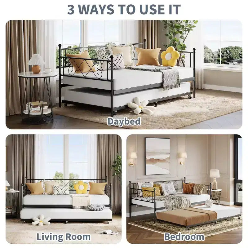 Daybed with Trundle,Metal Twin DayBed Frame with Headboard,Multifunctional Mattress Foundation Platform Sofa Bed for Bedroom,Living Room,Guest Room