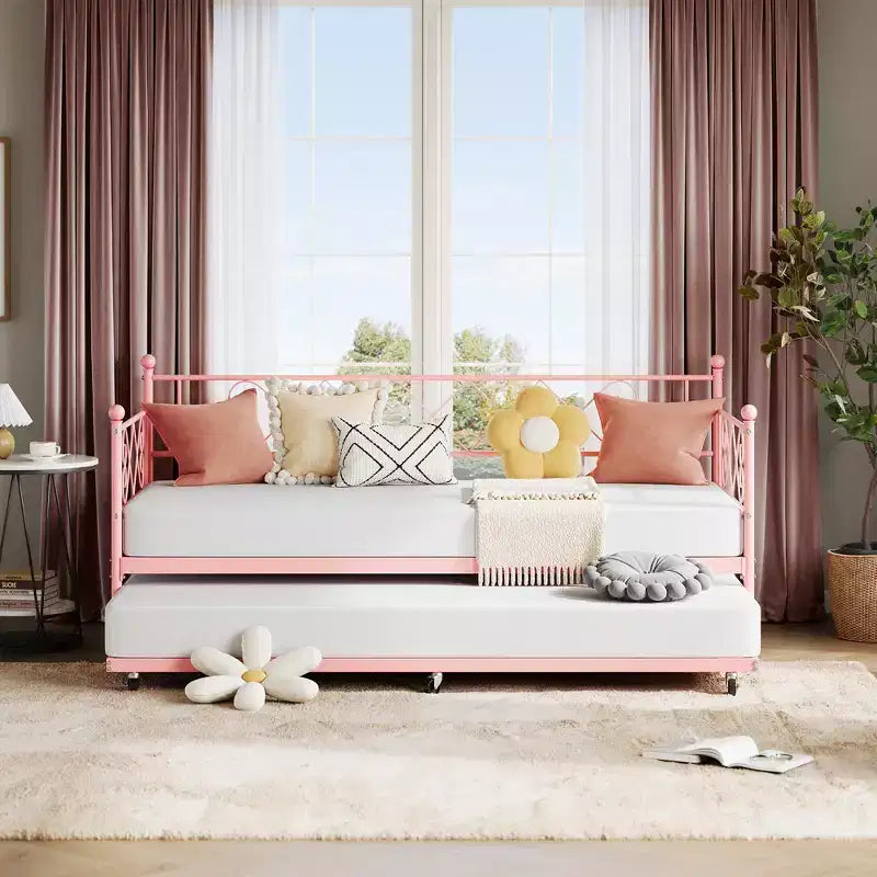 Daybed with Trundle,Metal Twin DayBed Frame with Headboard,Multifunctional Mattress Foundation Platform Sofa Bed for Bedroom,Living Room,Guest Room