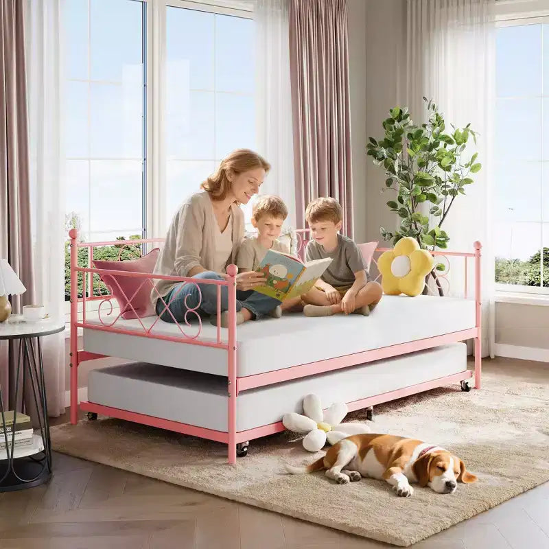Daybed with Trundle,Metal Twin DayBed Frame with Headboard,Multifunctional Mattress Foundation Platform Sofa Bed for Bedroom,Living Room,Guest Room
