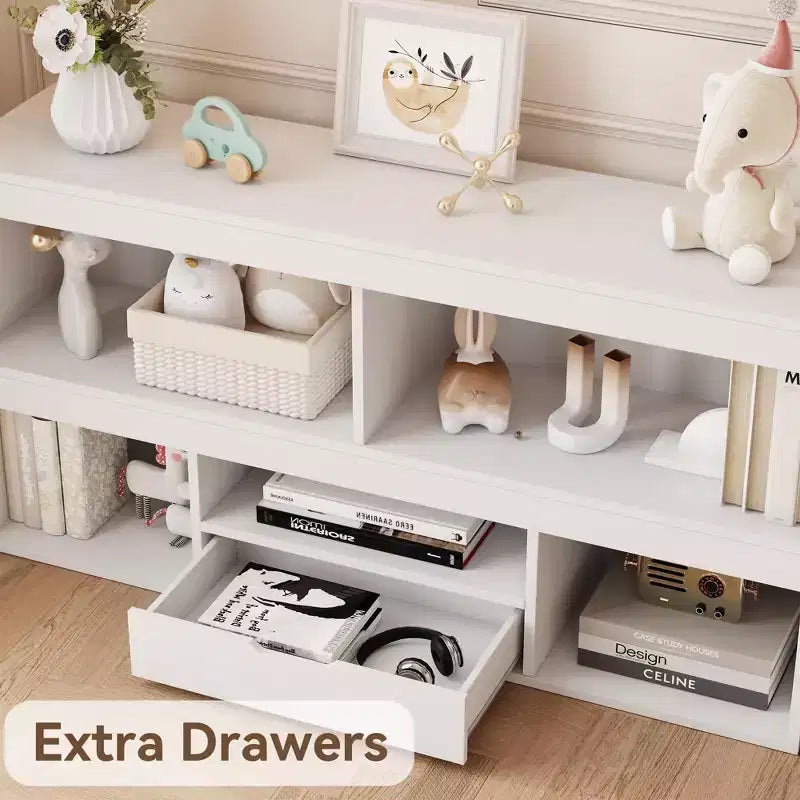 Kids Bookshelf with Drawer, Wooden Toy Storage Organizer, White Bookcase for Playroom, Classroom, Kids Room